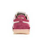 Rear view of a Gola trainer in pink and burgundy with a beige sole