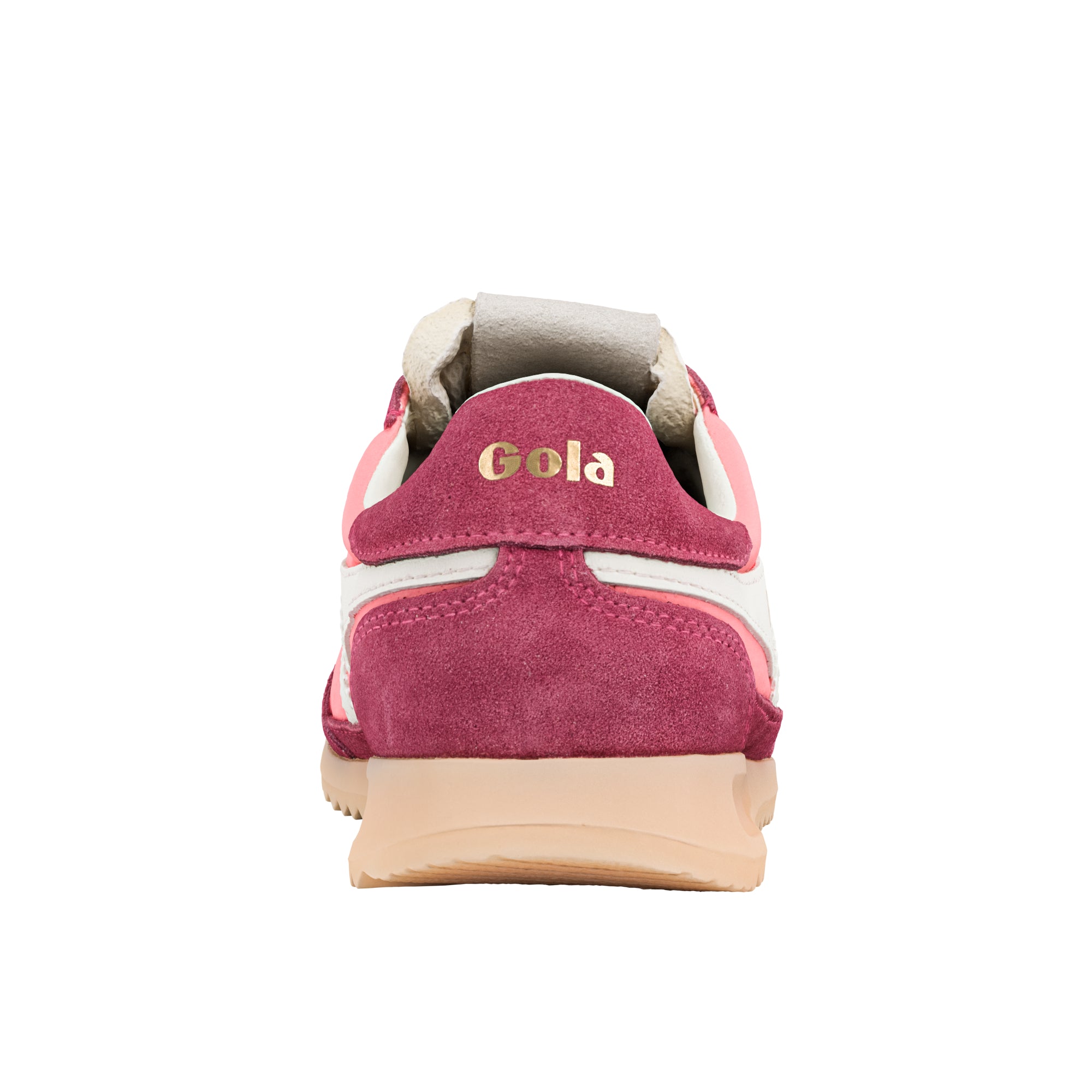 Rear view of a Gola trainer in pink and burgundy with a beige sole