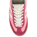 Pink and burgundy Gola trainer with white laces and white stripes