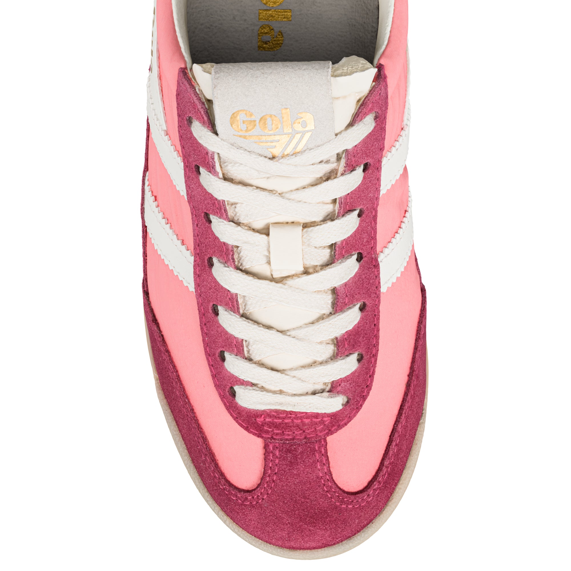 Pink and burgundy Gola trainer with white laces and white stripes