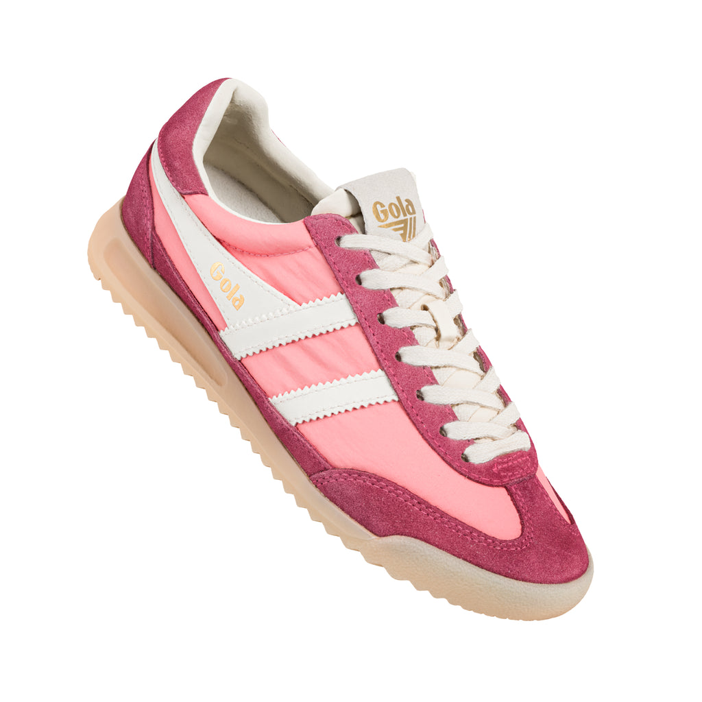 Gola women's trainer in pink and burgundy with white stripes and cream laces