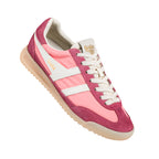 Gola women's trainer in pink and burgundy with white stripes and cream laces