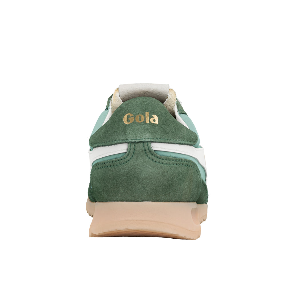 Rear view of a green Gola trainer with a white stripe and a beige sole