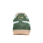 Rear view of a green Gola trainer with a white stripe and a beige sole