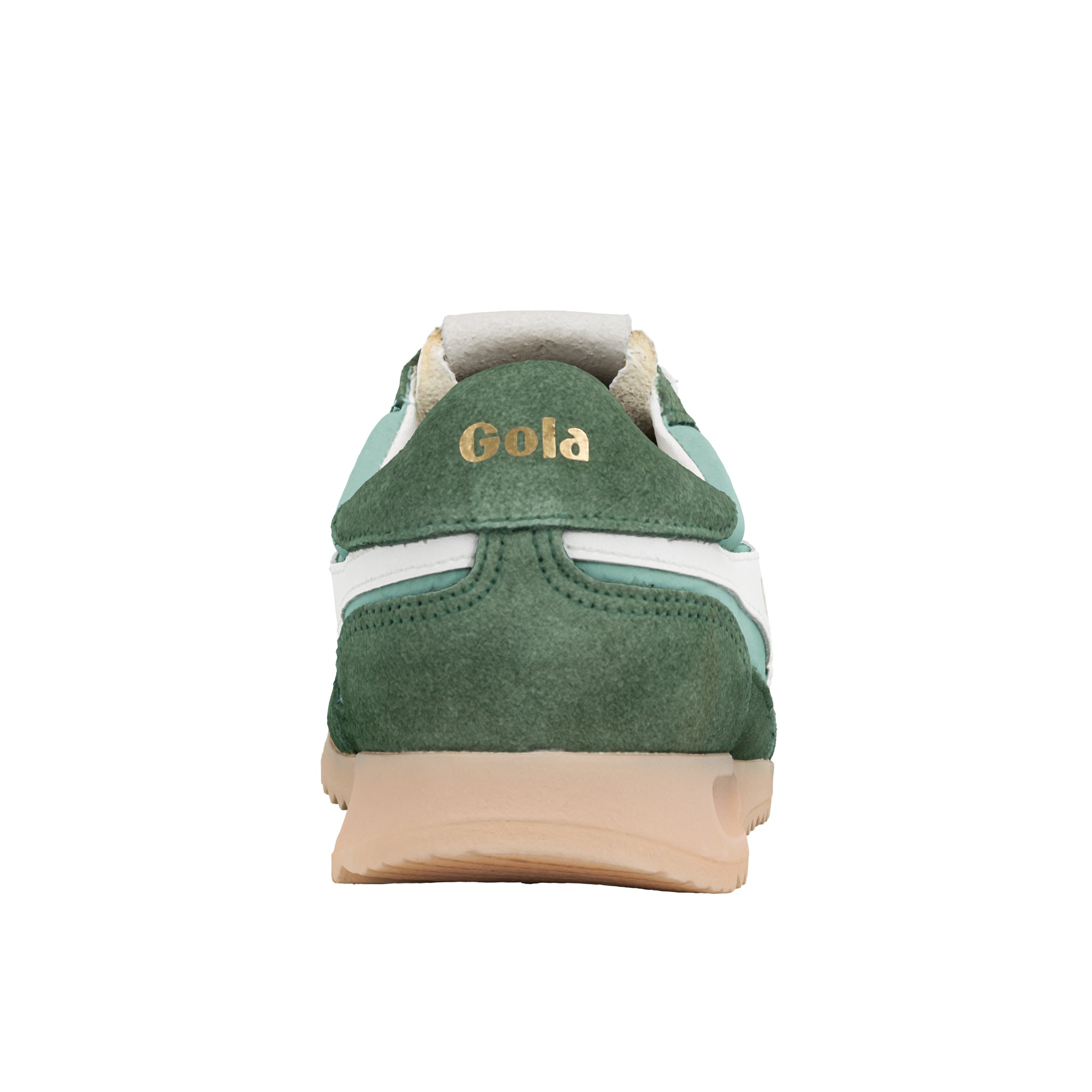 Rear view of a green Gola trainer with a white stripe and a beige sole