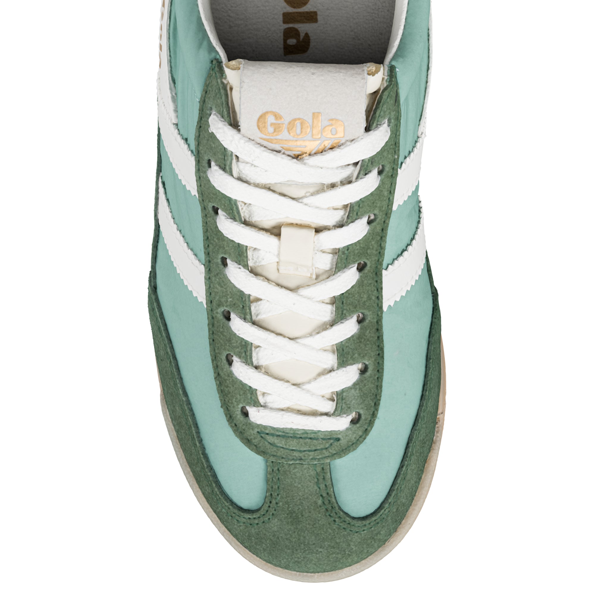 Top-down view of a Gola trainer in green and teal with white laces and stripes