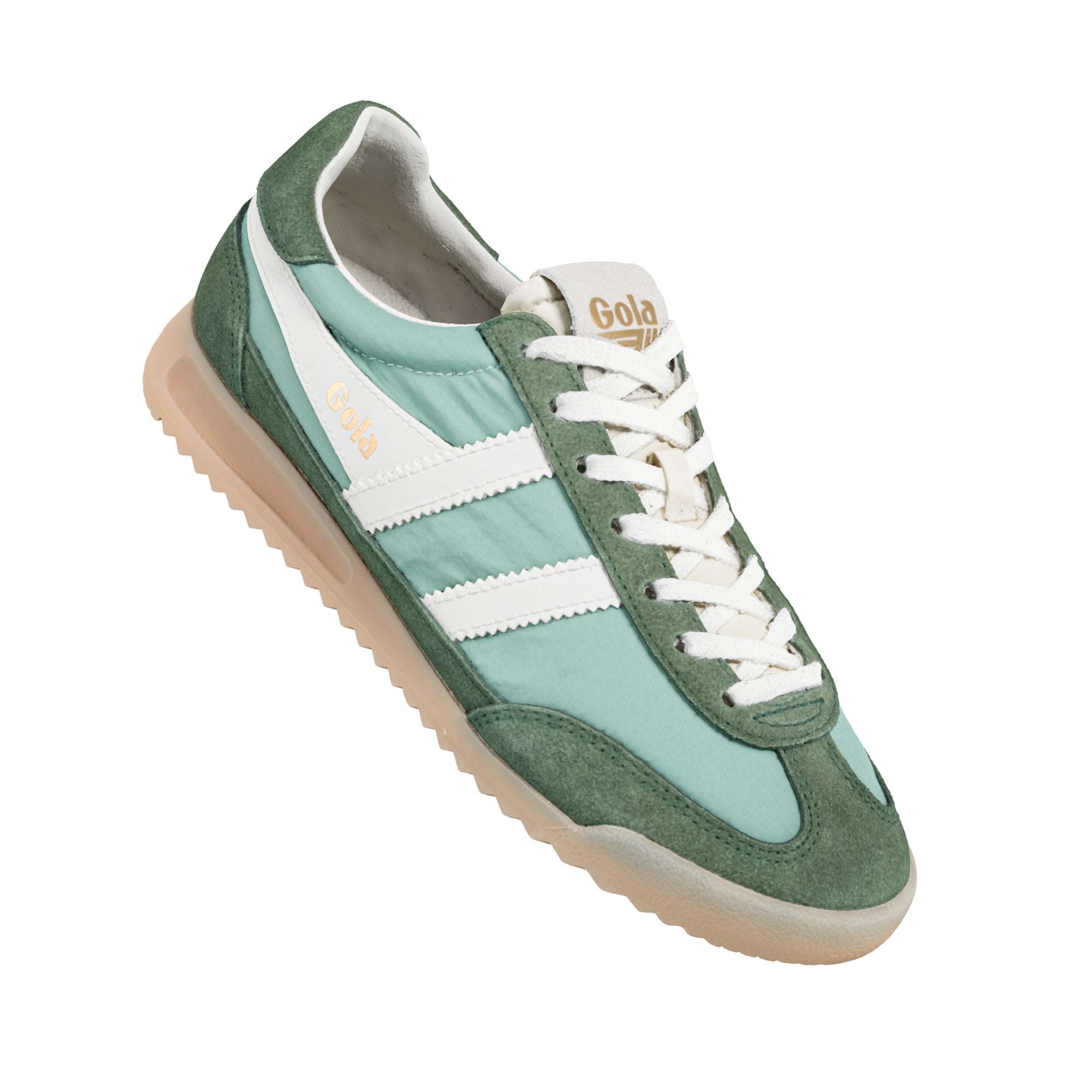 Gola women's trainer in green and mint with white stripes and cream laces