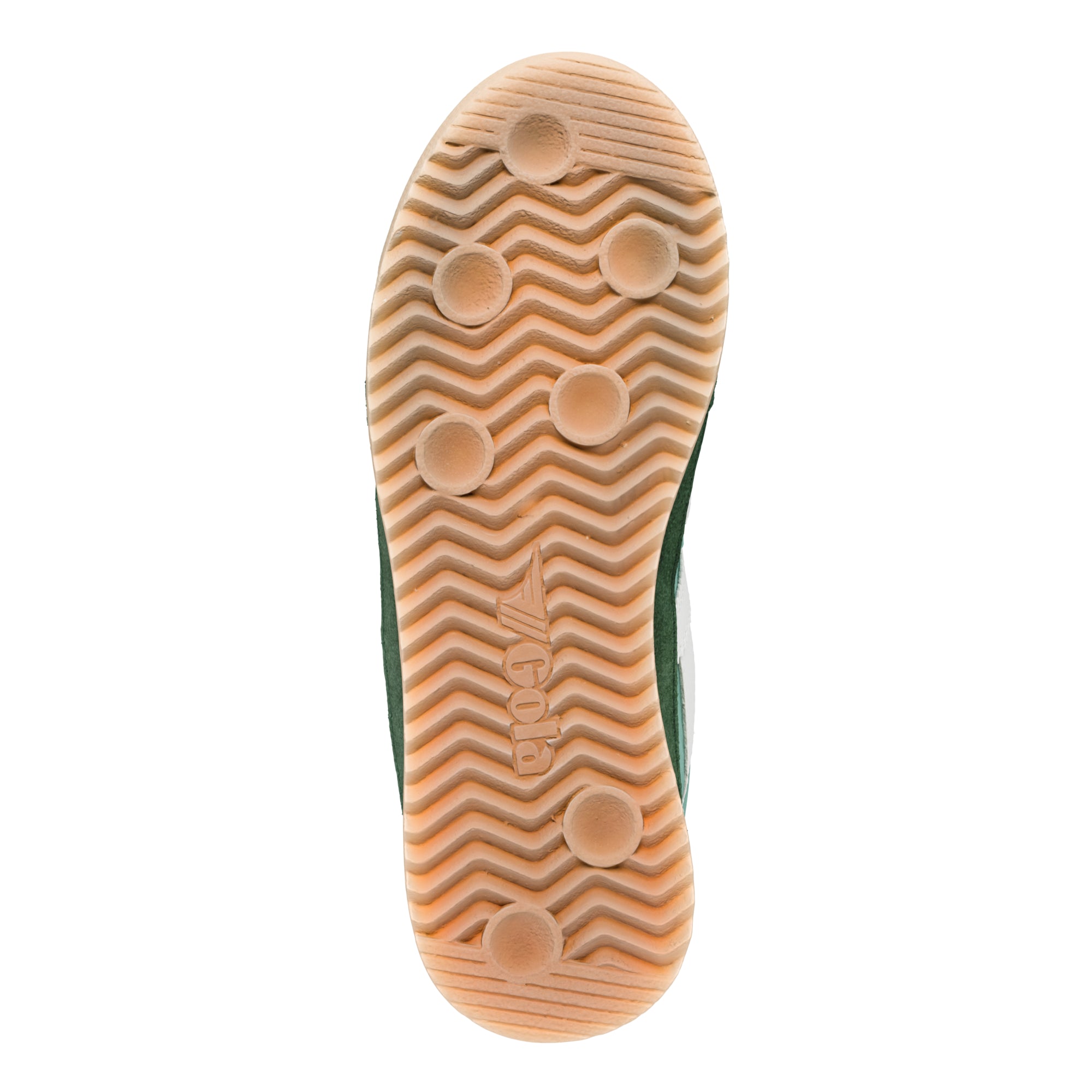 Underside of a green trainer with a light brown sole, featuring a wavy pattern and circular grips