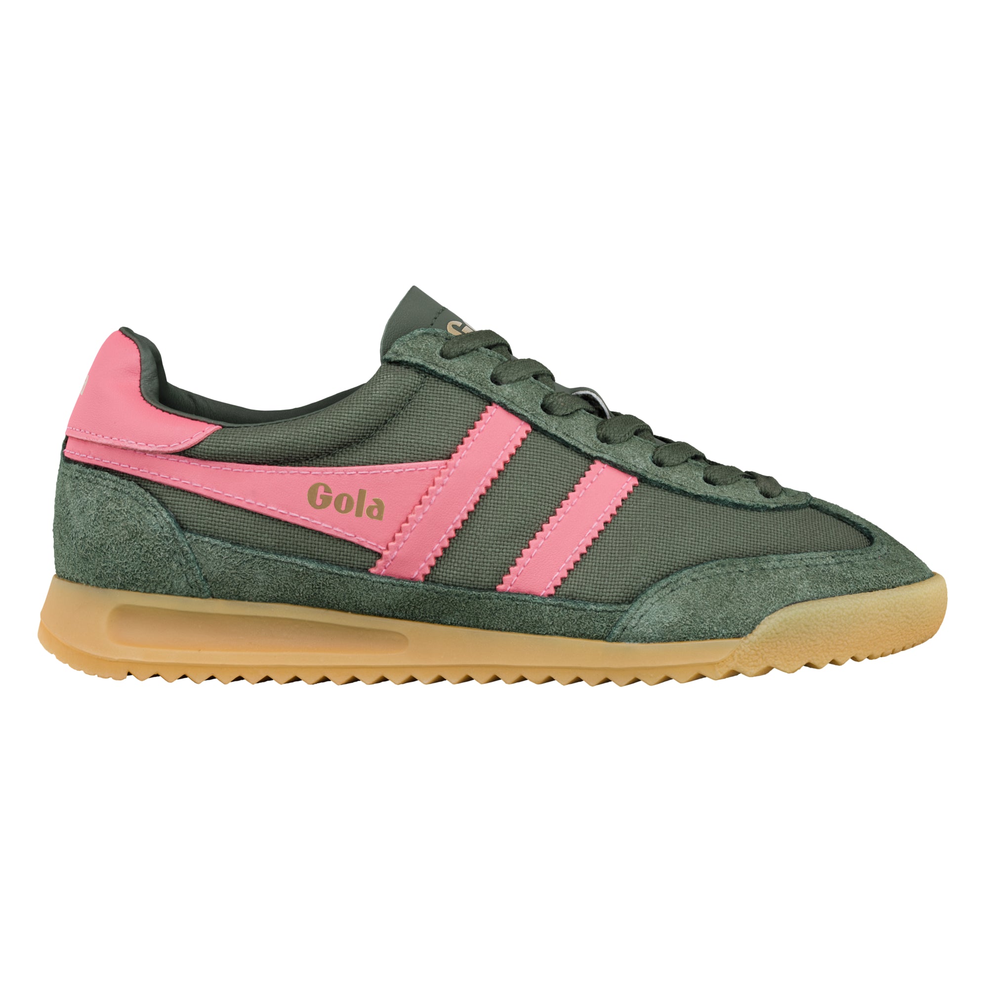 Khaki green and pink Gola trainer with a gum sole