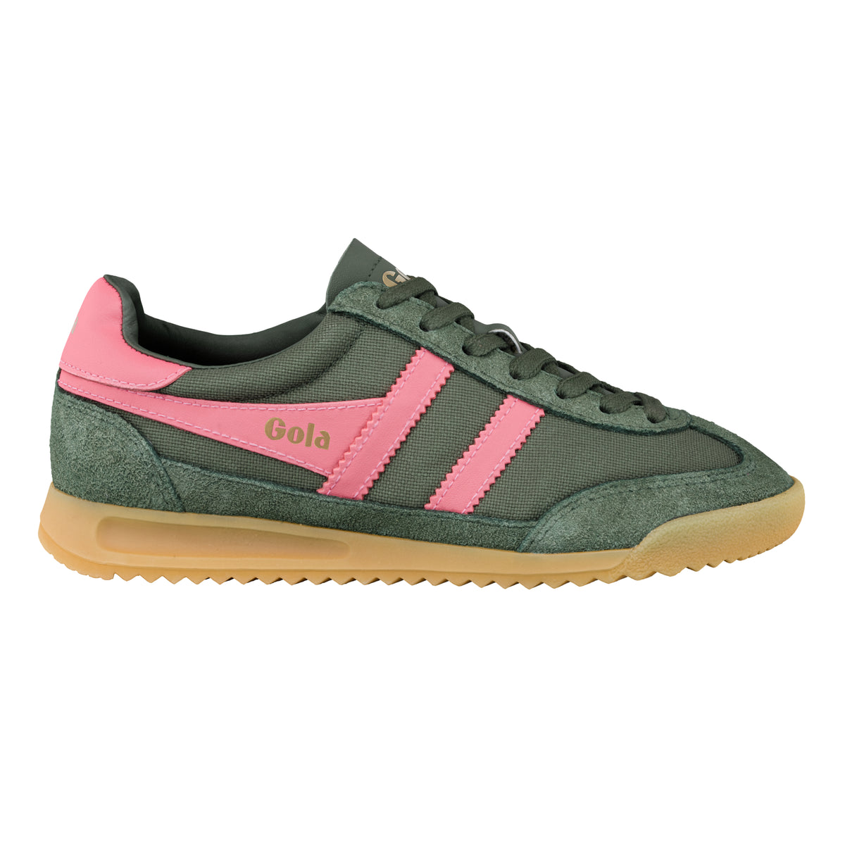 Gola Classics olive green and pink suede and canvas trainer with a gum sole