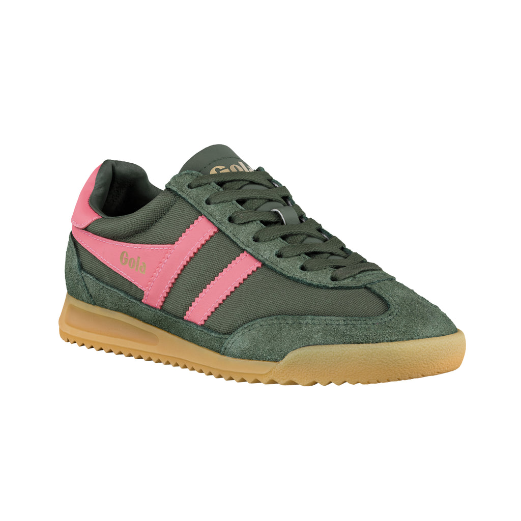 Khaki green and pink Gola trainer with a gum sole