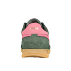 Rear view of a green suede Gola trainer with a pink heel tab and gum sole