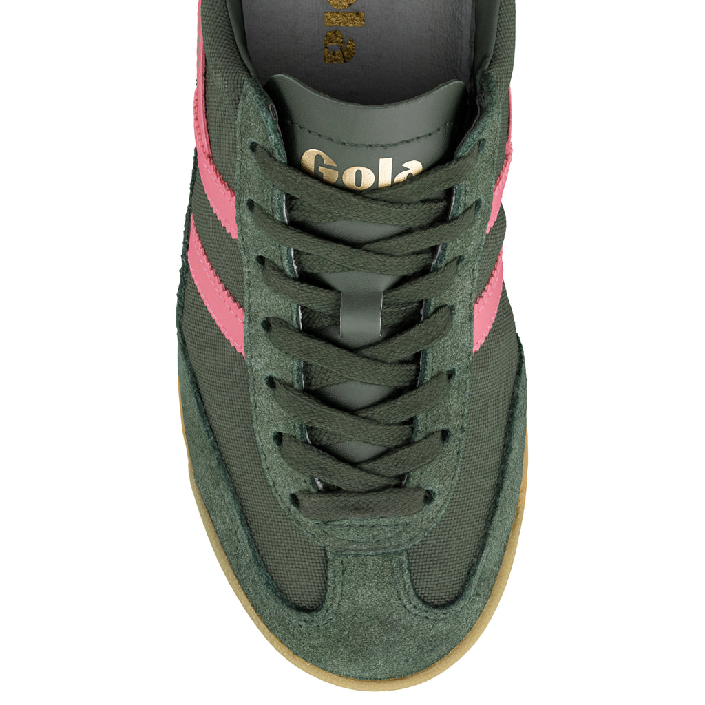 Dark green Gola trainer with pink side stripes and gum sole
