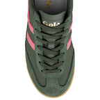 Dark green Gola trainer with pink side stripes and gum sole