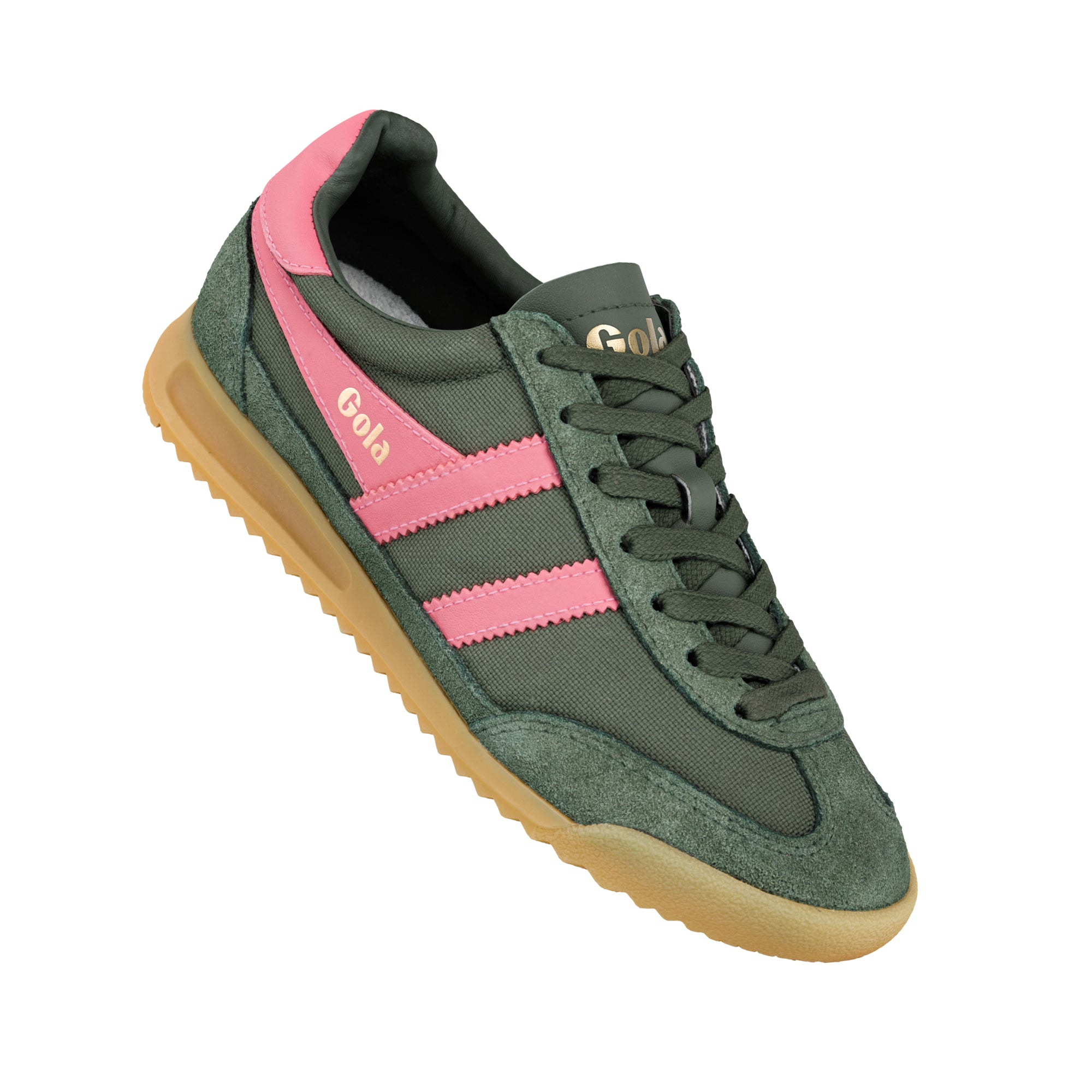 Khaki green and pink Gola trainer with a gum sole