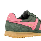 Close up of olive green and pink Gola trainer heel with gum sole
