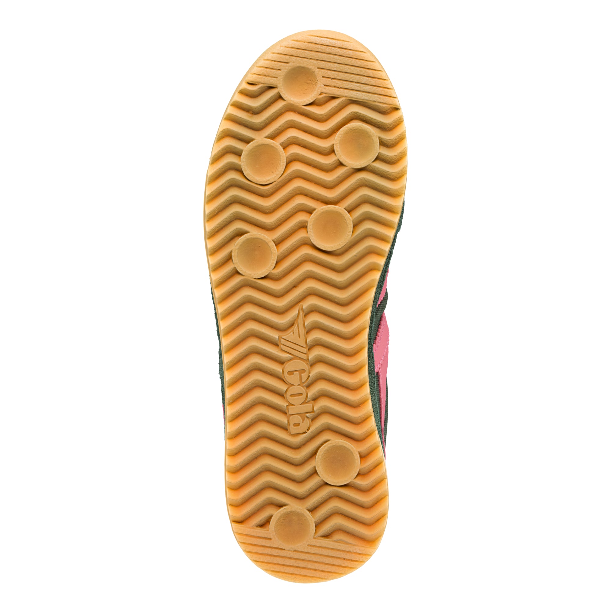 Gum rubber trainer sole with wavy tread pattern and Gola logo
