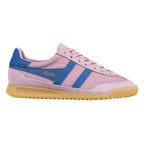 Lilac canvas and suede trainer with blue side stripes and a gum sole