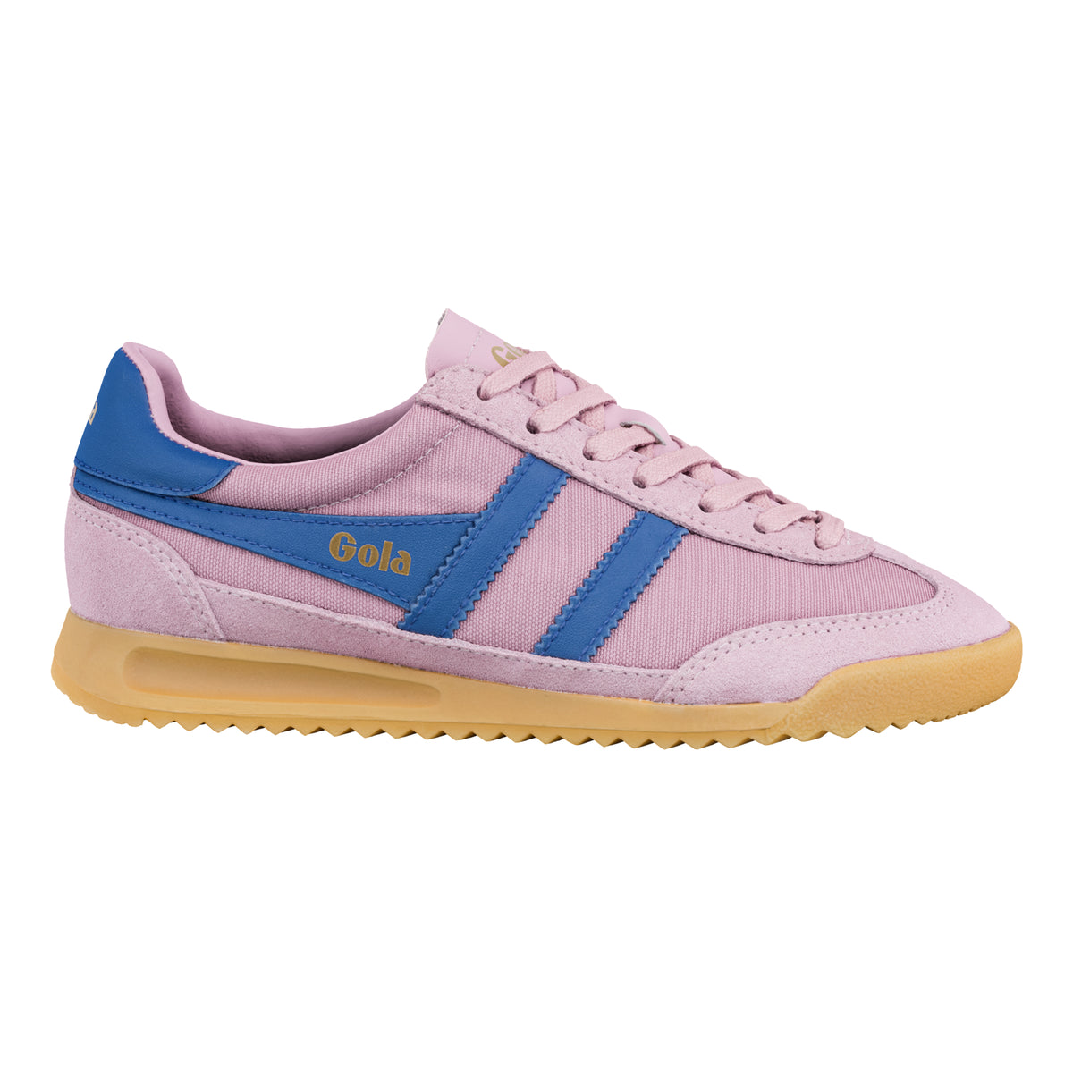 Gola Classics pink canvas trainer with blue side stripes and gum sole
