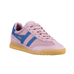 Pink and blue Gola trainer with a gum sole