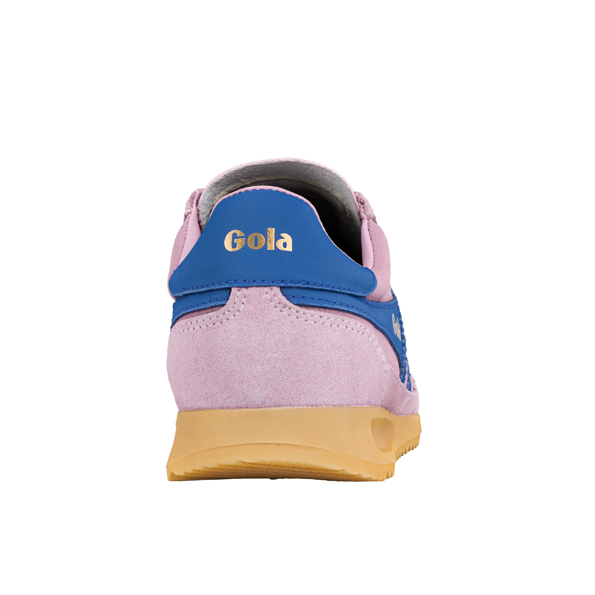 Rear view of a pink and blue Gola trainer with a gum sole