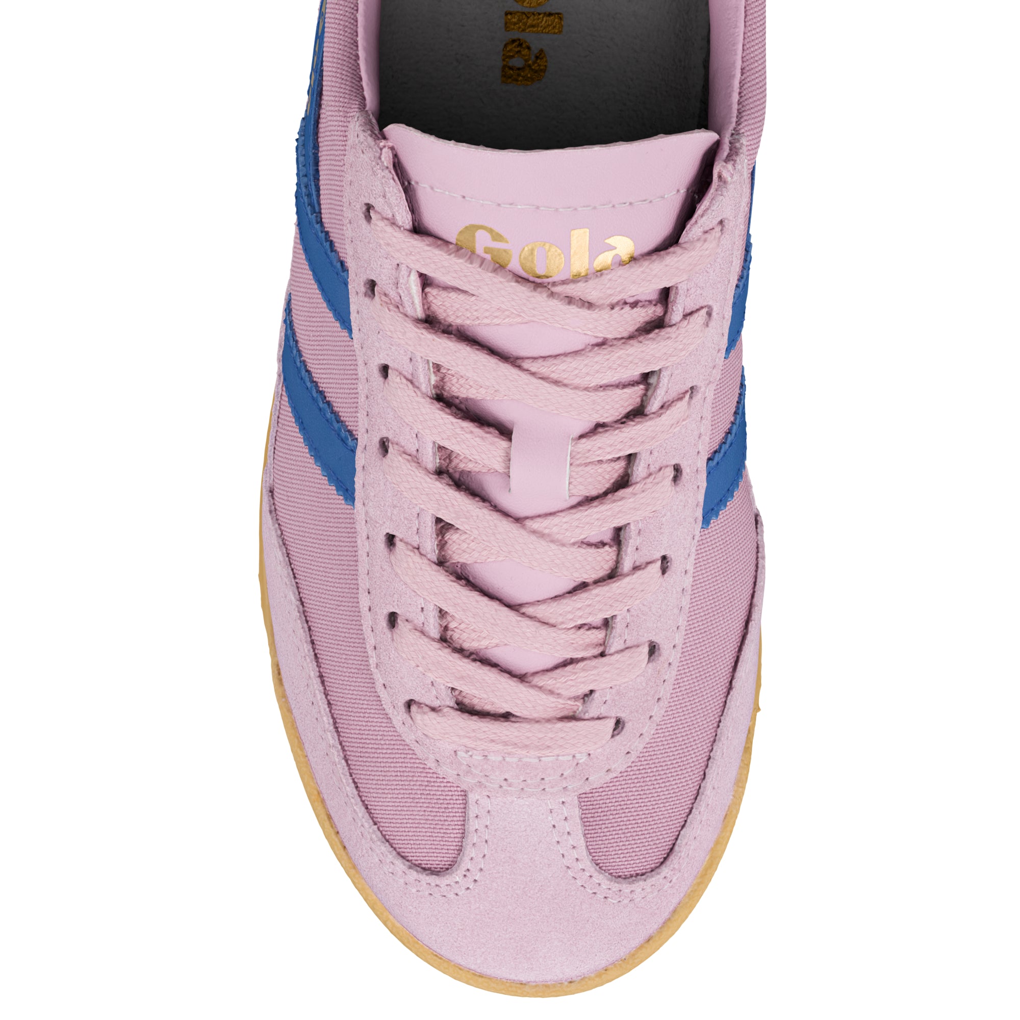 Top view of a pink suede and canvas trainer with blue side stripes and a gum sole