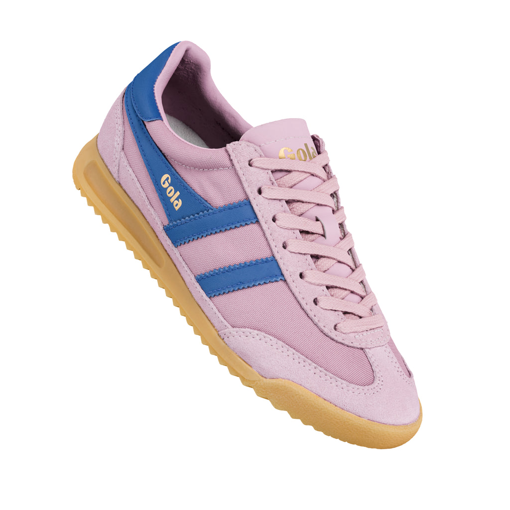 Pink Gola trainer with blue side stripes and a gum sole