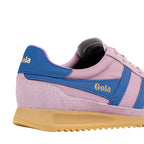 Close up of a pink and blue Gola trainer with a gum sole