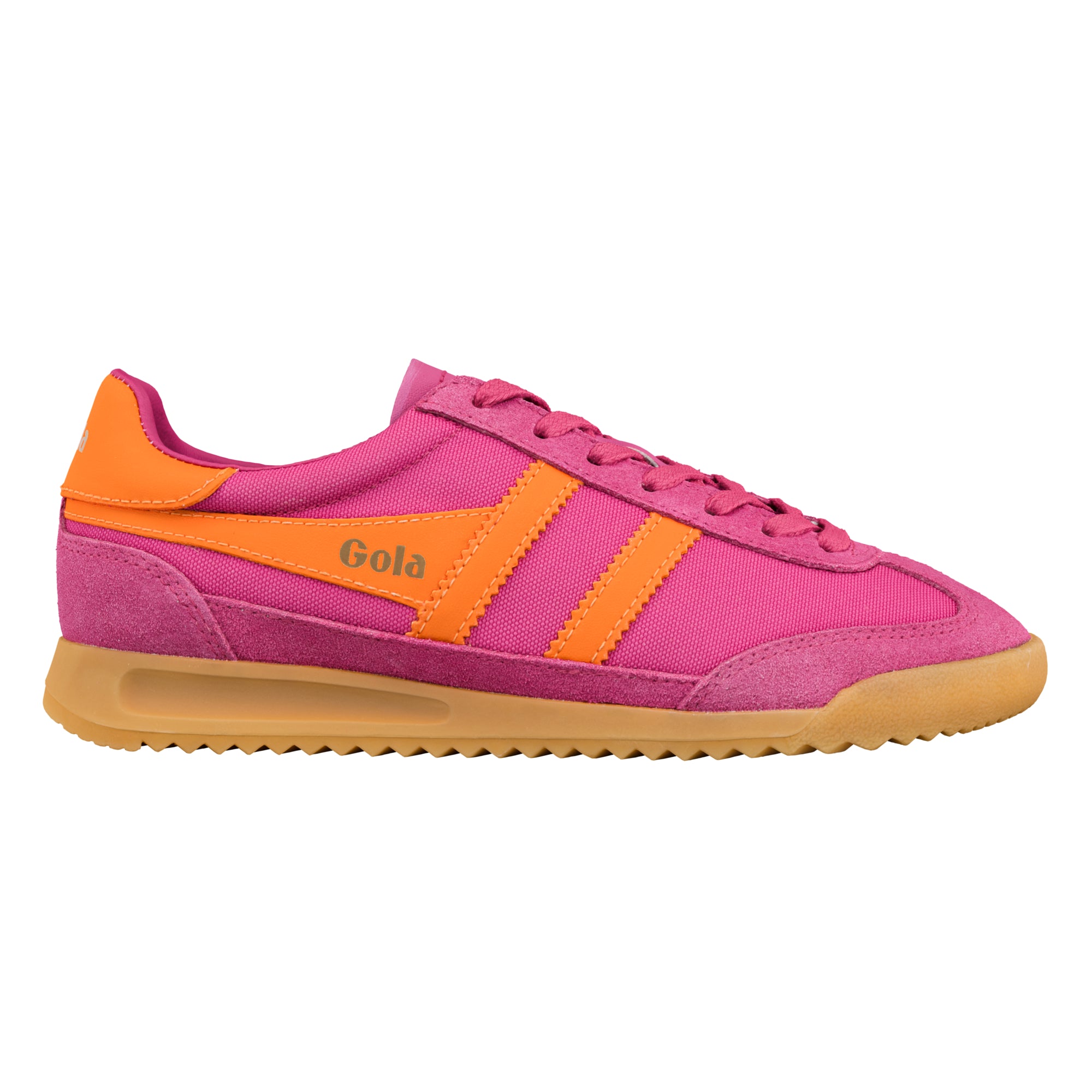 Pink and orange Gola trainer with a gum sole