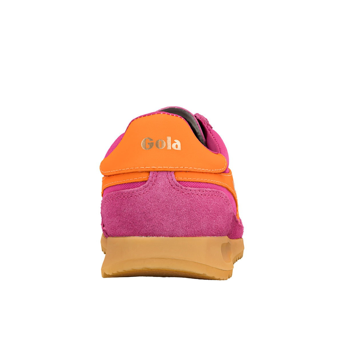 Rear view of a pink and orange Gola Classics trainer with a gum sole