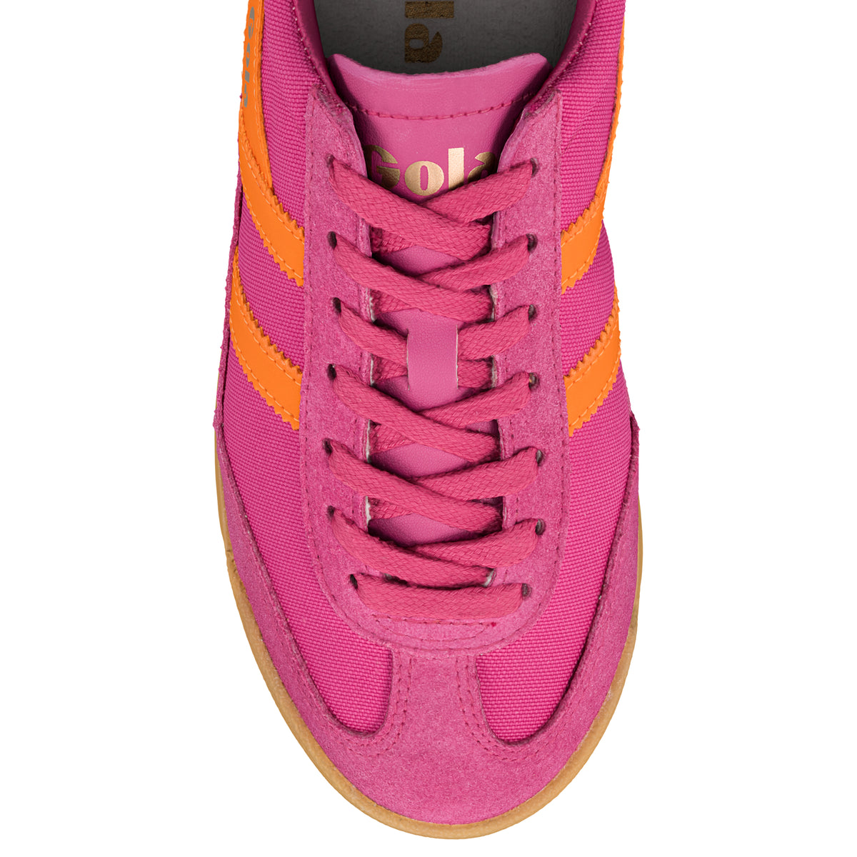 Top view of a pink and orange Gola Classics trainer with a gum sole