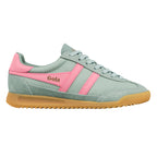 Sage green and pink Gola trainer with a gum rubber sole
