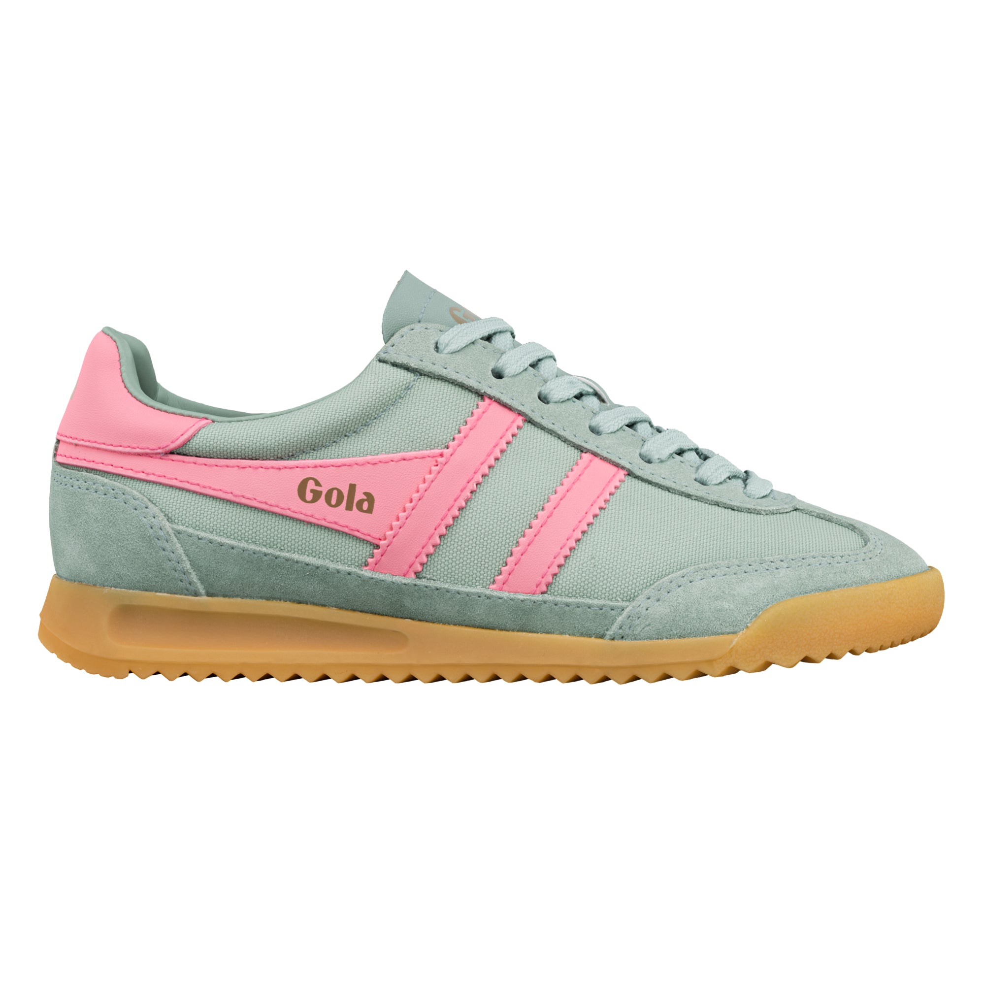 Sage green and pink Gola trainer with a gum rubber sole