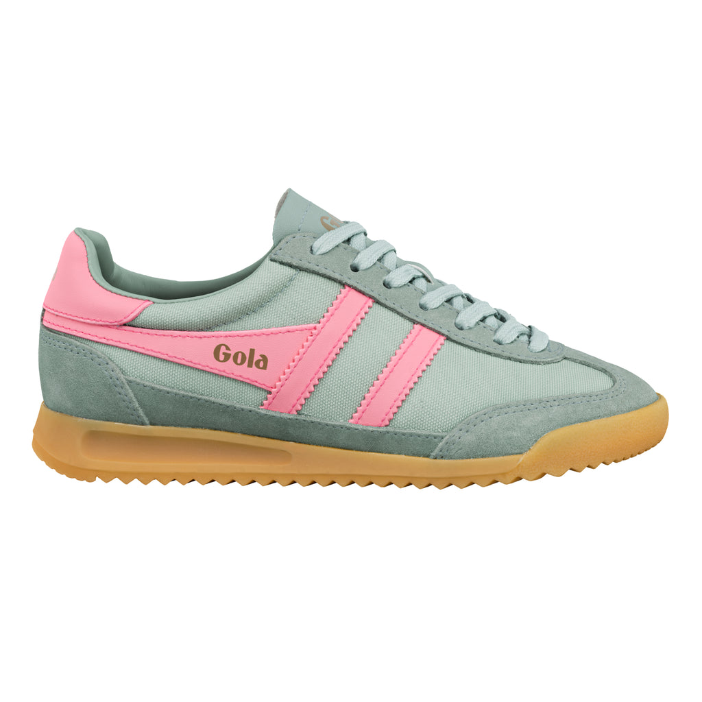 Gola Classics sage green and pink trainer with a gum sole