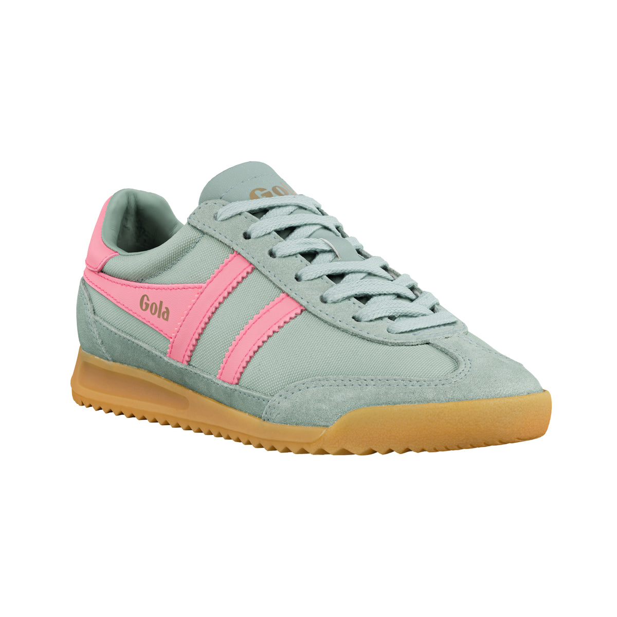 Gola Classics sage green and pink trainer with a gum sole