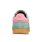 Rear view of a Gola Classics sage green and pink suede trainer with a gum sole