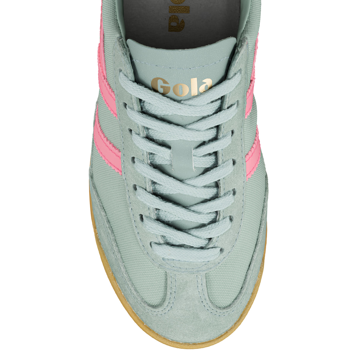 Top view of Gola Classics sage green trainer with pink side stripes and gum sole