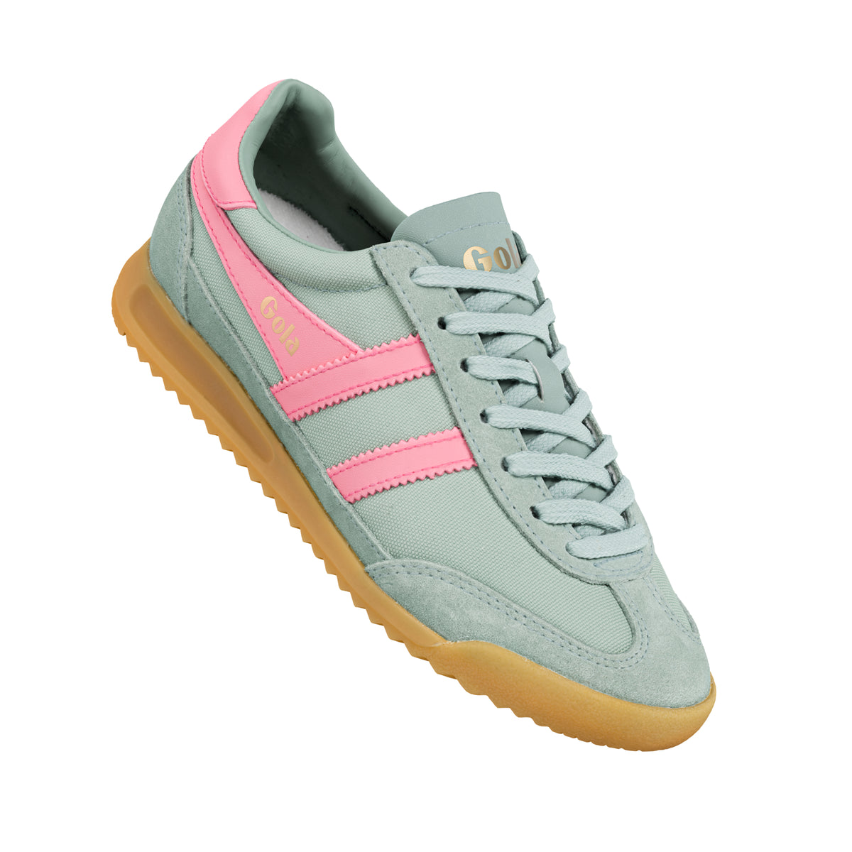 Gola Classics sage green and pink trainer with a gum sole