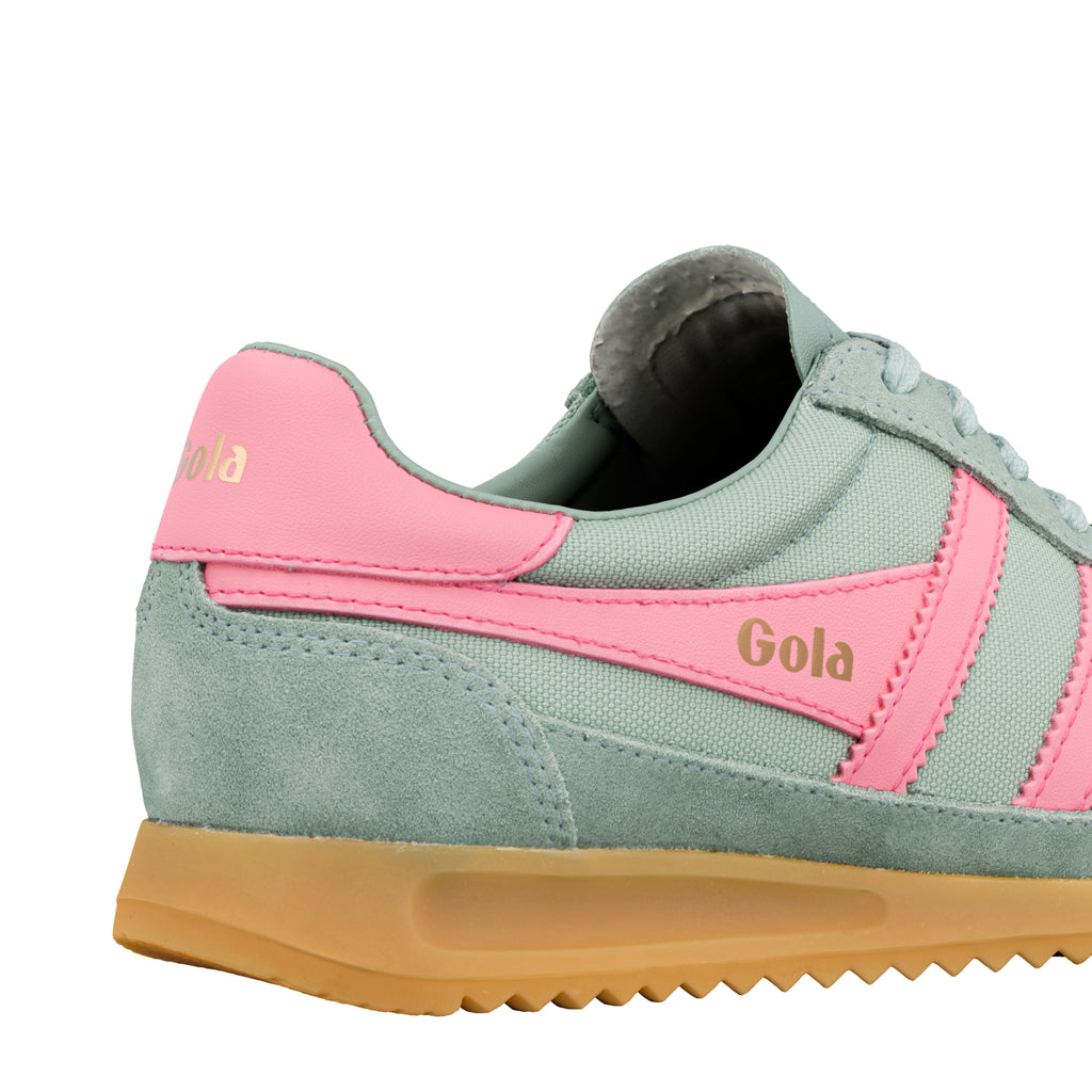 Gola Classics trainer in sage green and pink with a gum sole