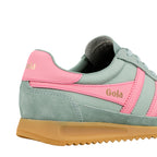 Gola Classics trainer in sage green and pink with a gum sole