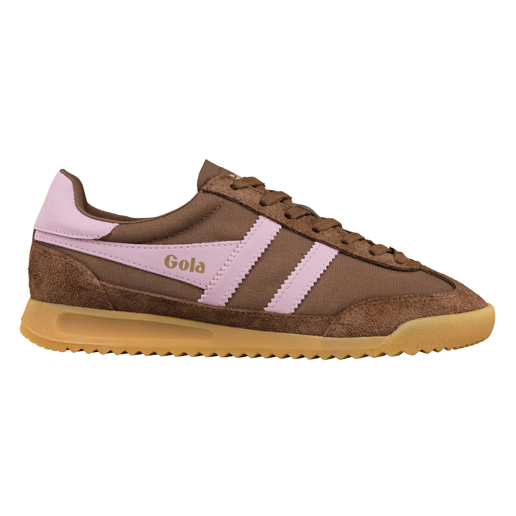 Brown and pink Gola trainer with a gum sole