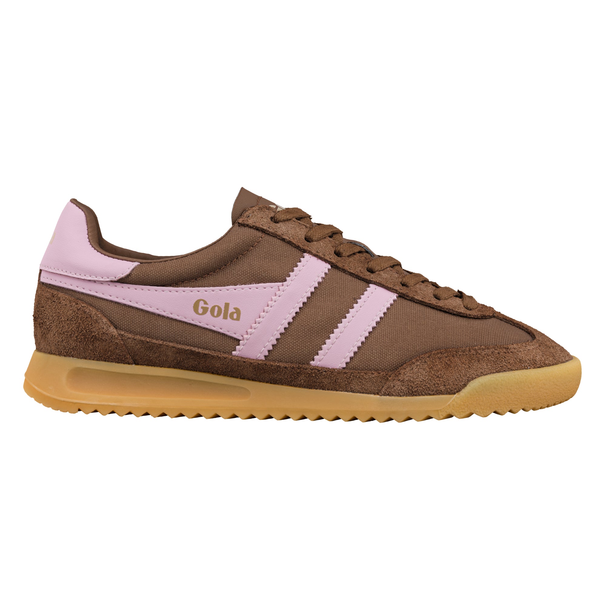 Brown and pink Gola trainer with a gum sole