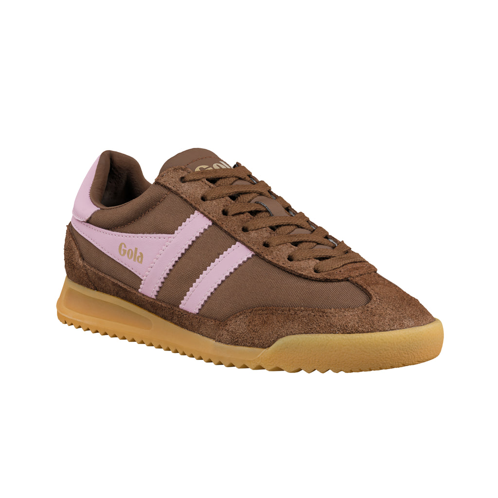 Brown and pink Gola trainer with a gum sole