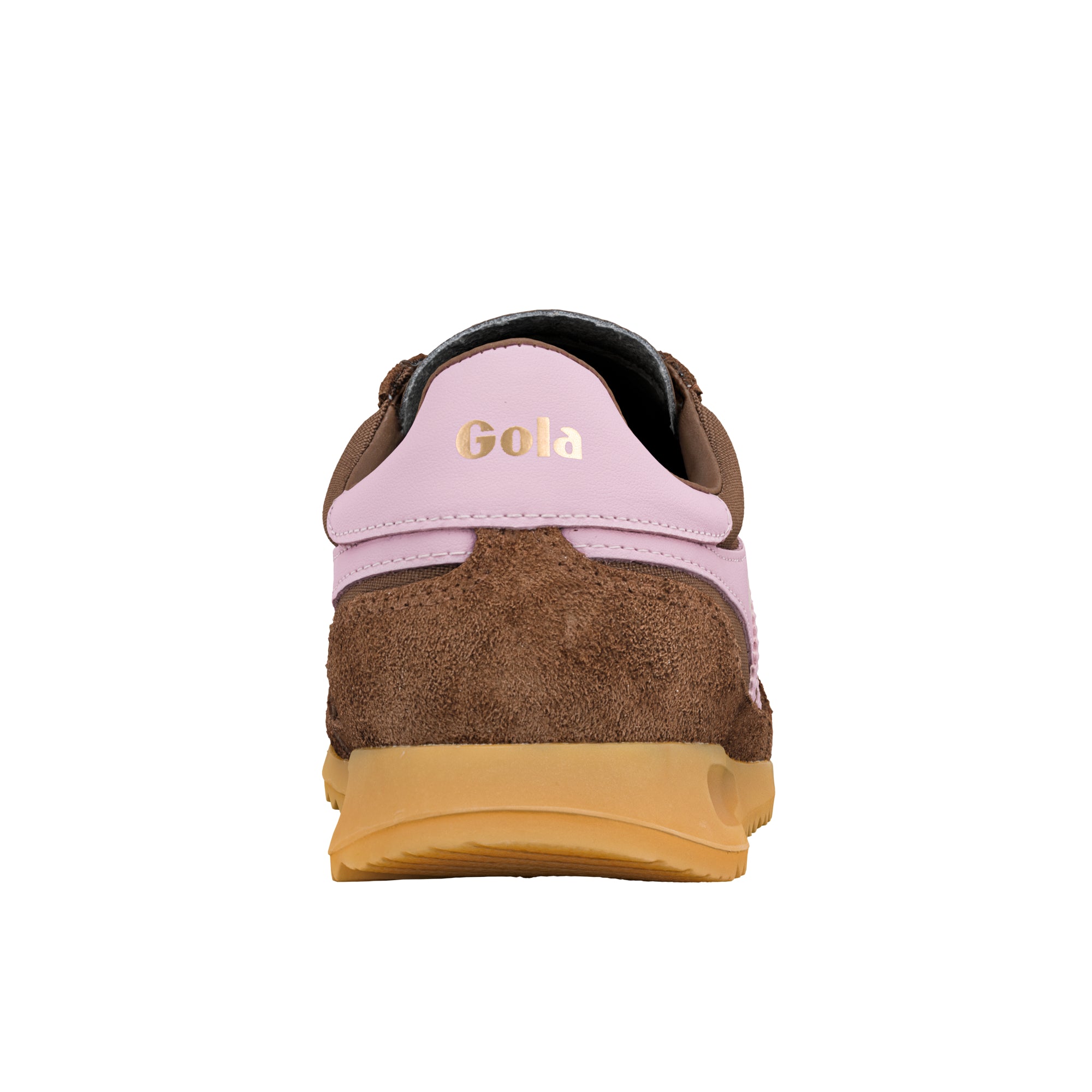 Rear view of a brown suede trainer with a pink heel tab and gold Gola branding