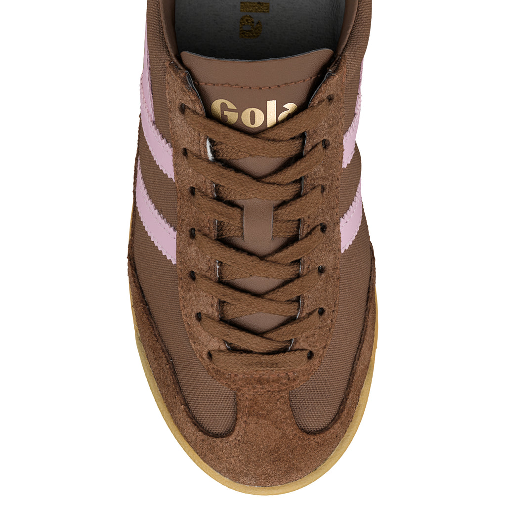Brown Gola trainer with pink side stripes and gum sole