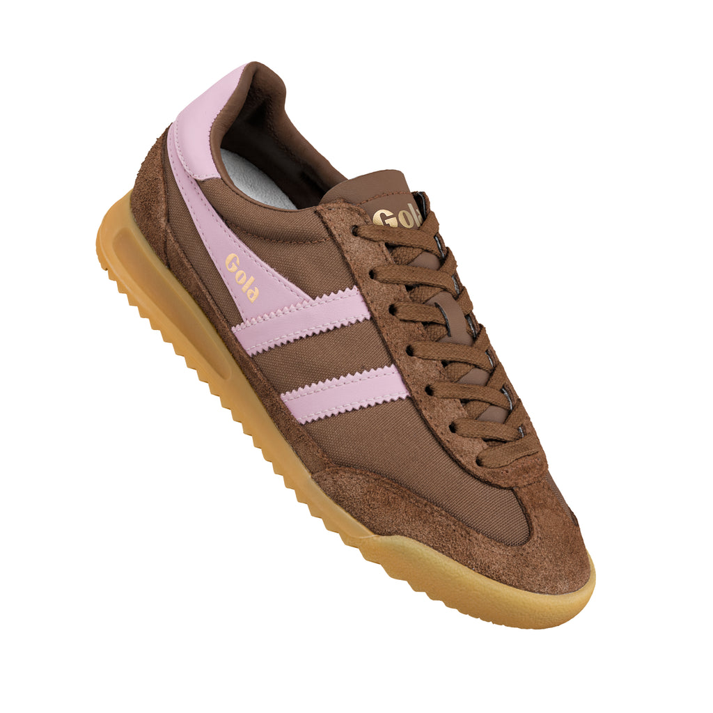 Brown and pink Gola trainer with a gum sole