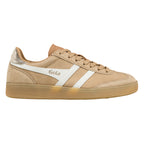 Beige suede Gola trainer with white side stripes and a gum sole