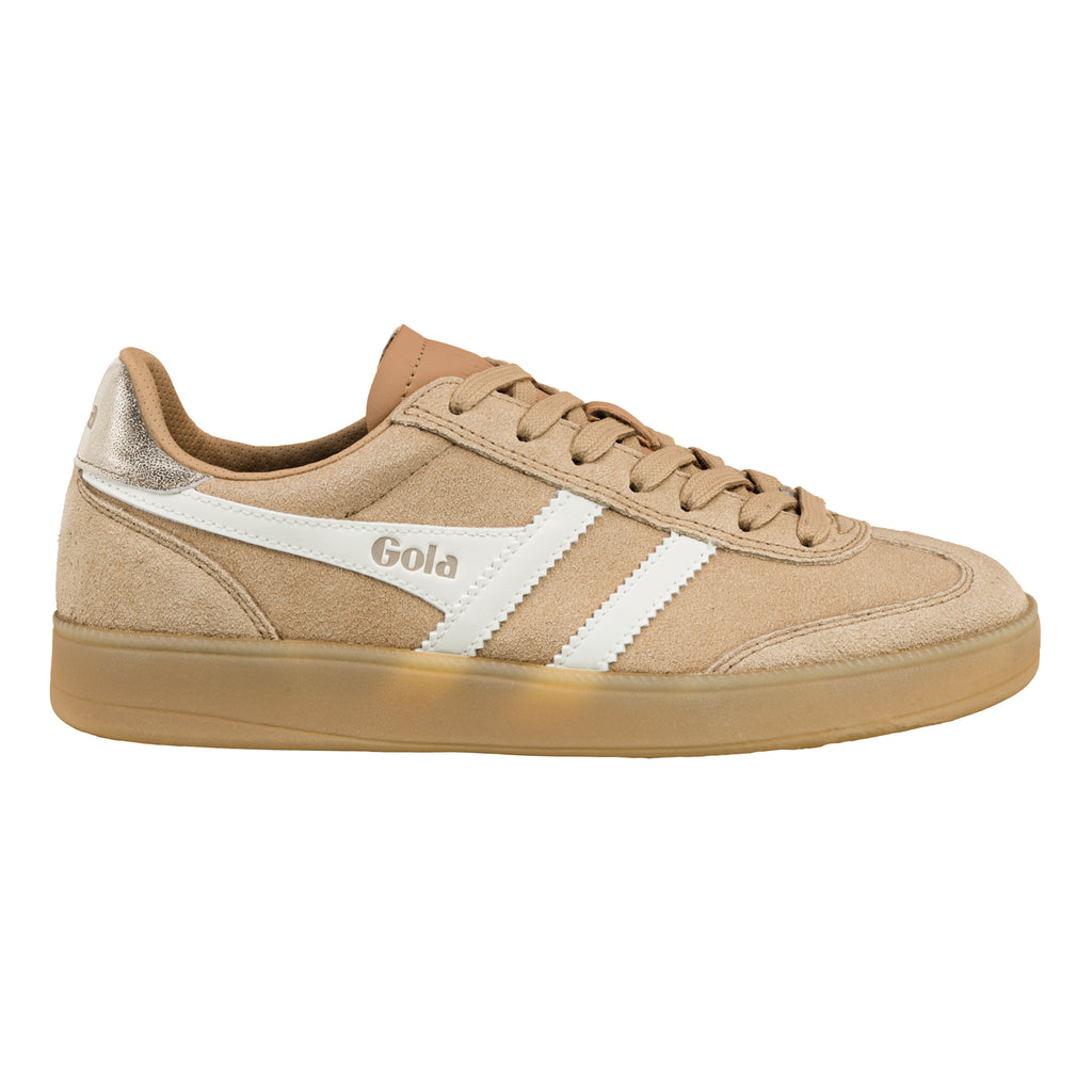Gola Classics beige suede trainer with white side stripes and gum sole