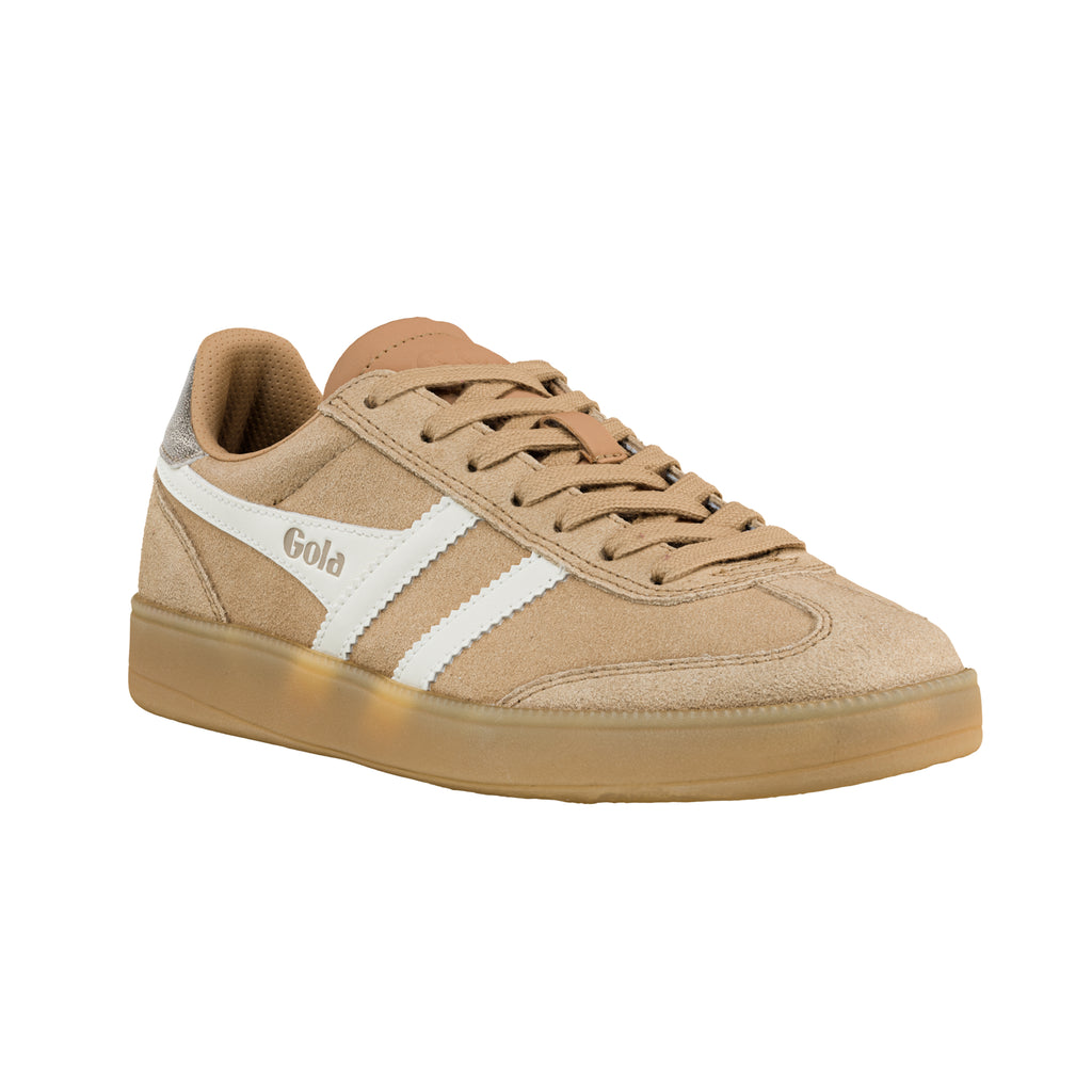 Beige suede Gola trainer with white side stripes and a gum sole