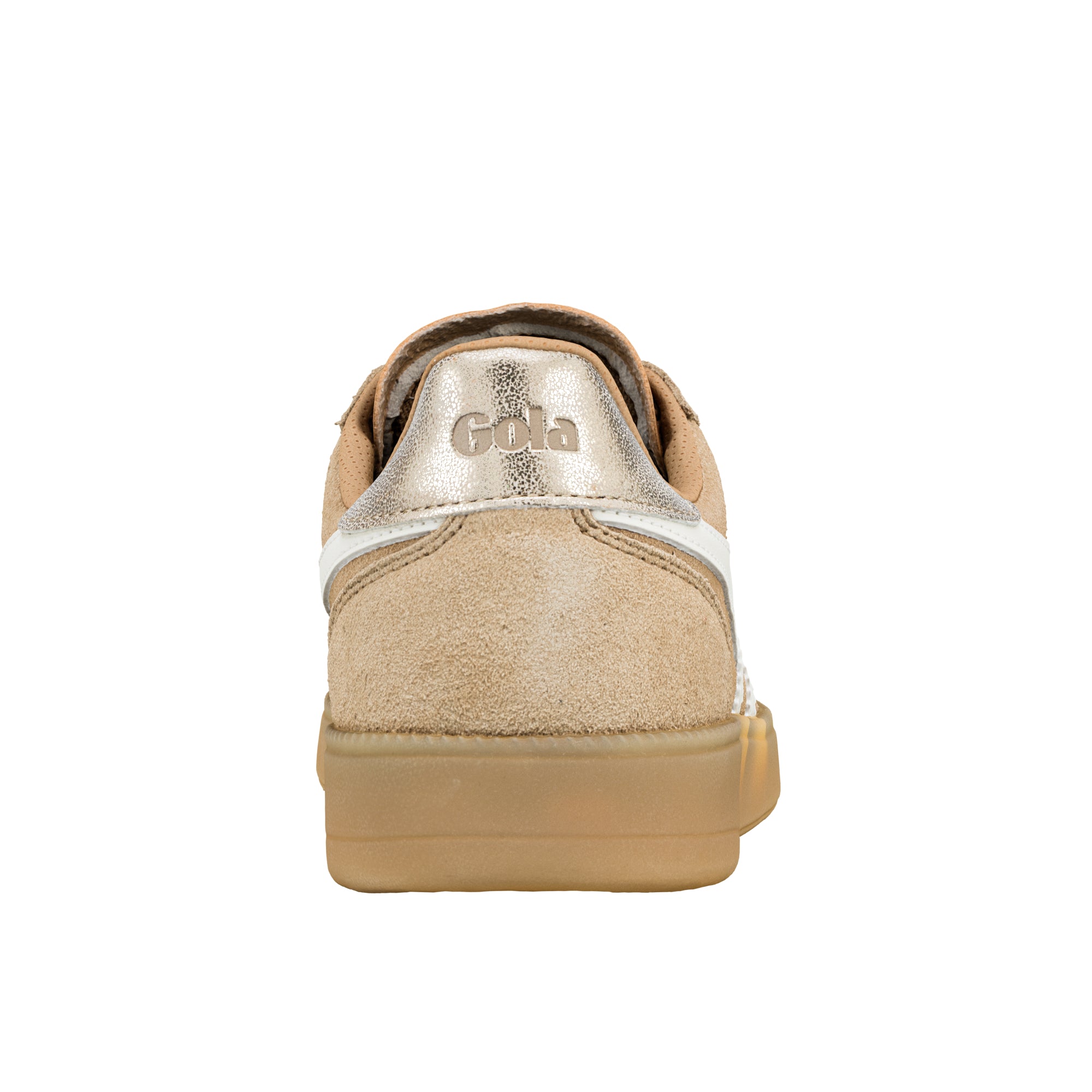Rear view of a beige suede Gola trainer with a metallic heel tab and gum sole